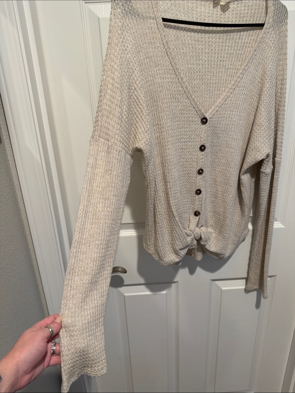 Light Beige Knit Button-Front Women’s Sweater with Front Tie - Picture 6 of 10
